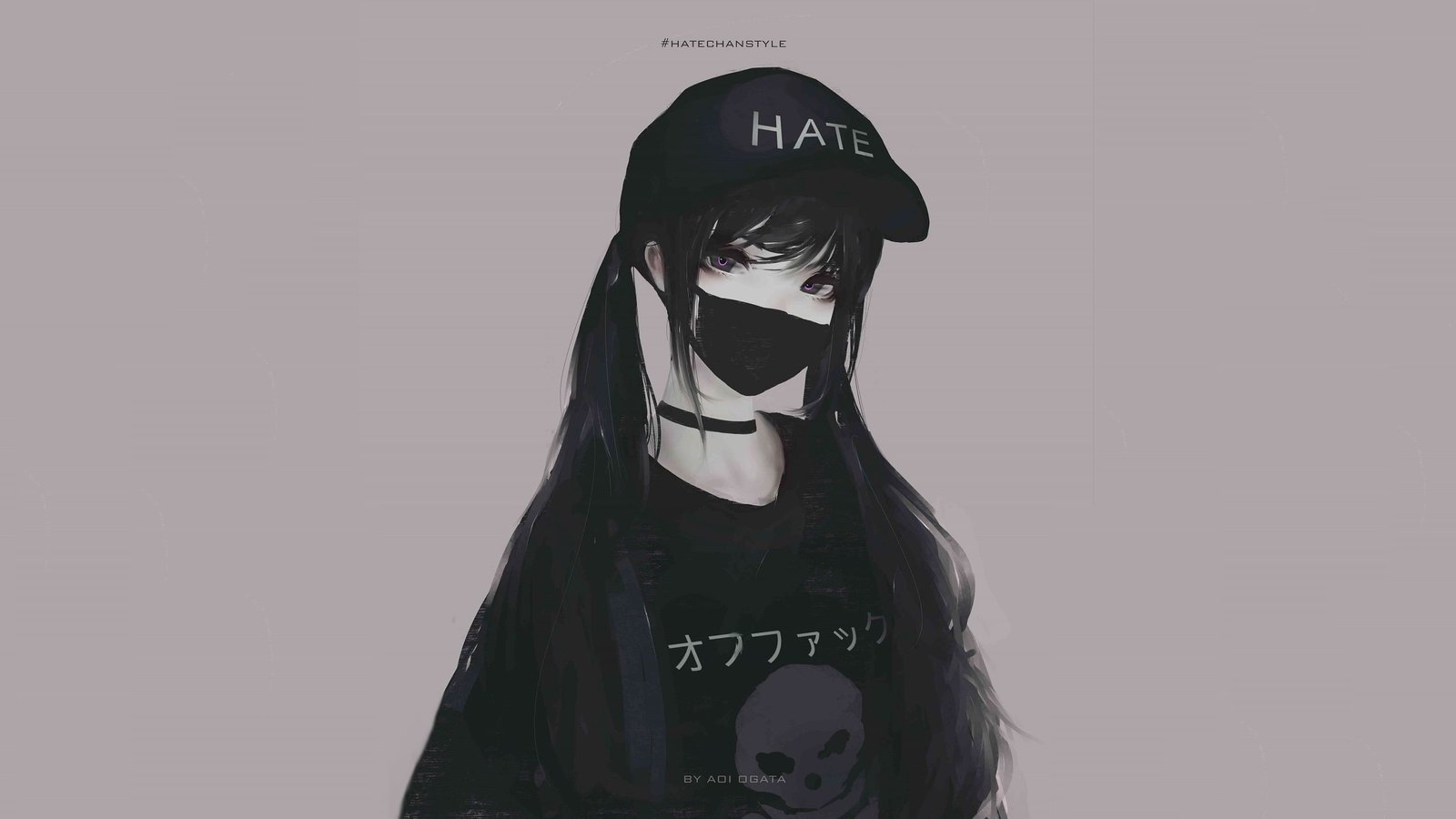 woman in black shirt illustration female anime character with mouth mask 2k