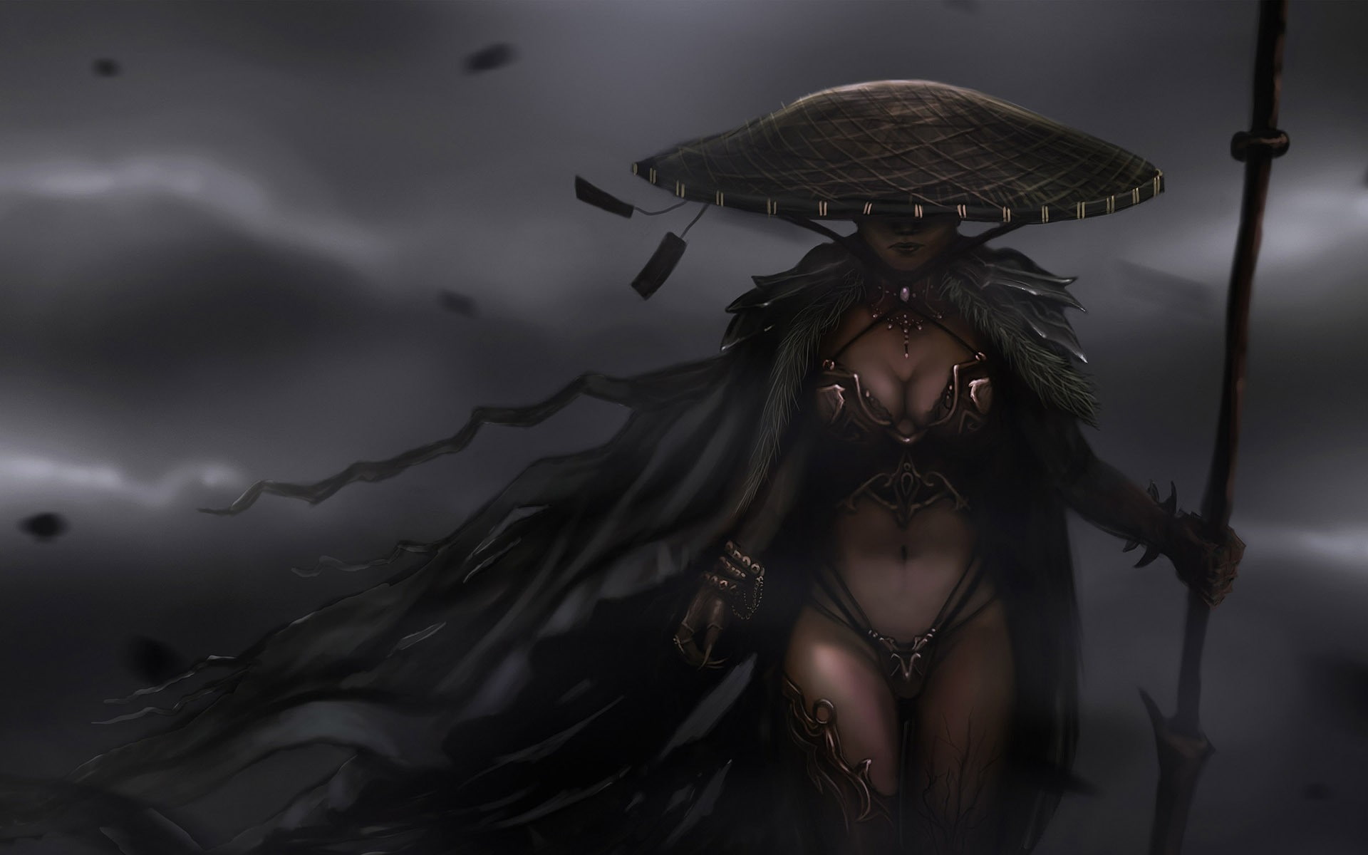women fantasy storm cleavage samurai hat art cloak artwork warriors silkroad staff conical h Abstract Fantasy HD Art 2k