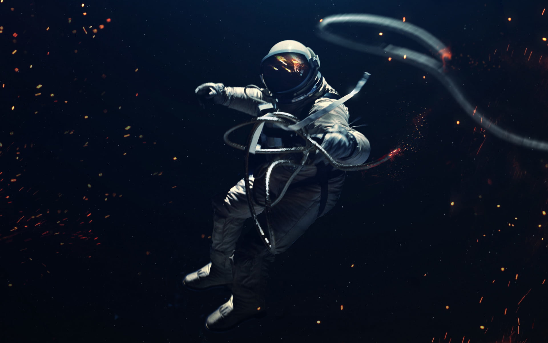 astronaut holding cable digital wallpaper spacesuit art 2k