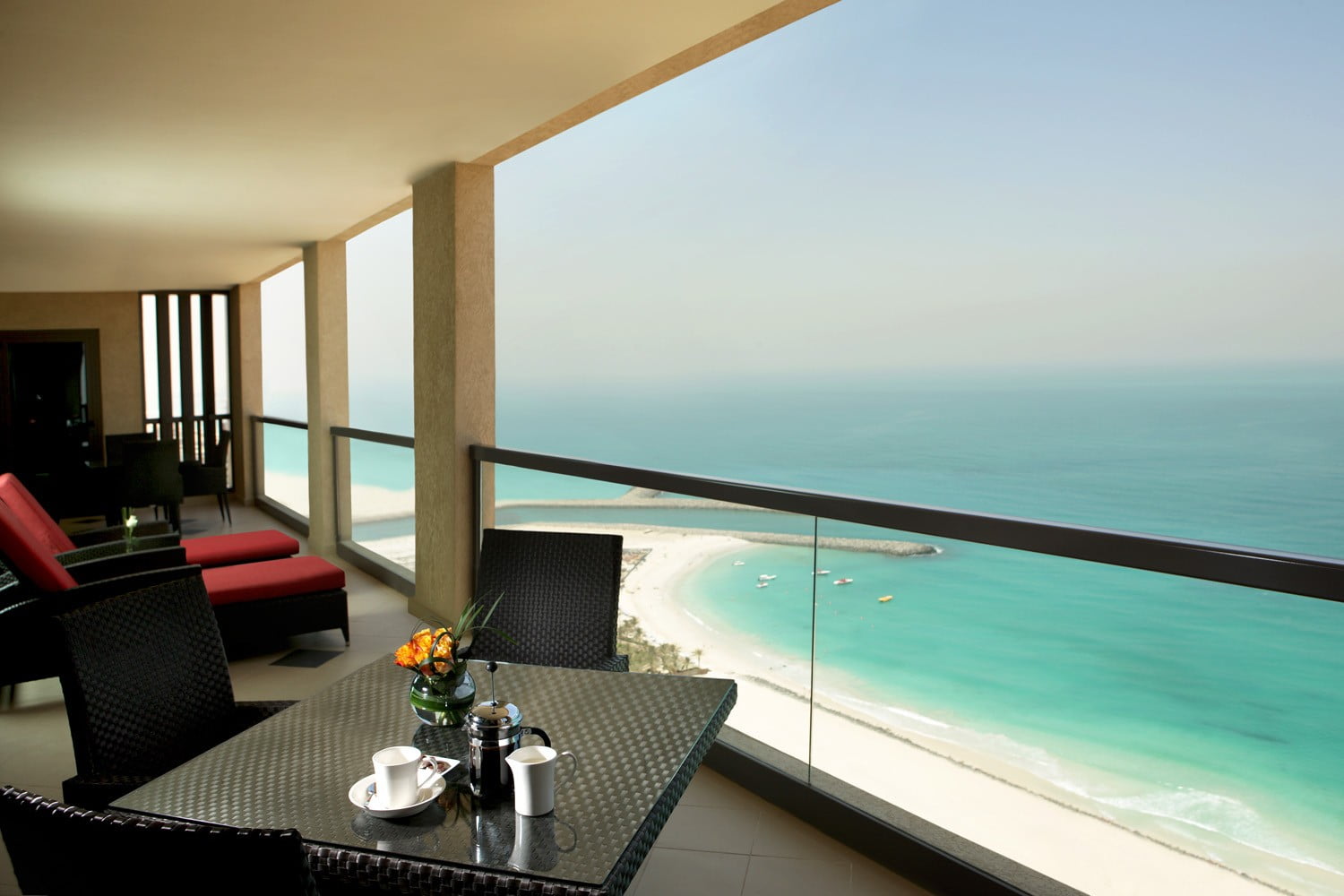 black and brown wooden bed frame sea balcony architecture 2k