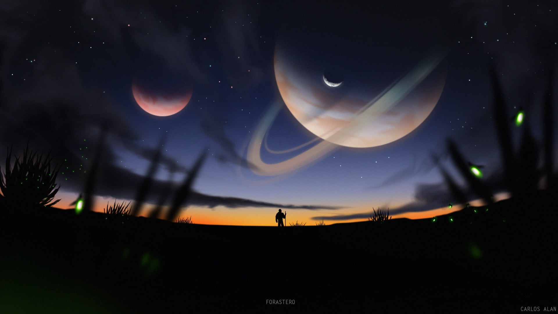 black and gray Dell laptop Carlos Alan space art sky planet 2k