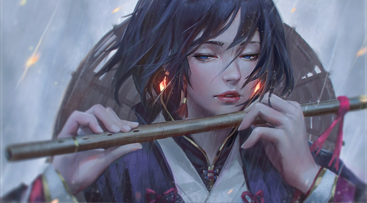 black haired female anime character girl flute semi realistic