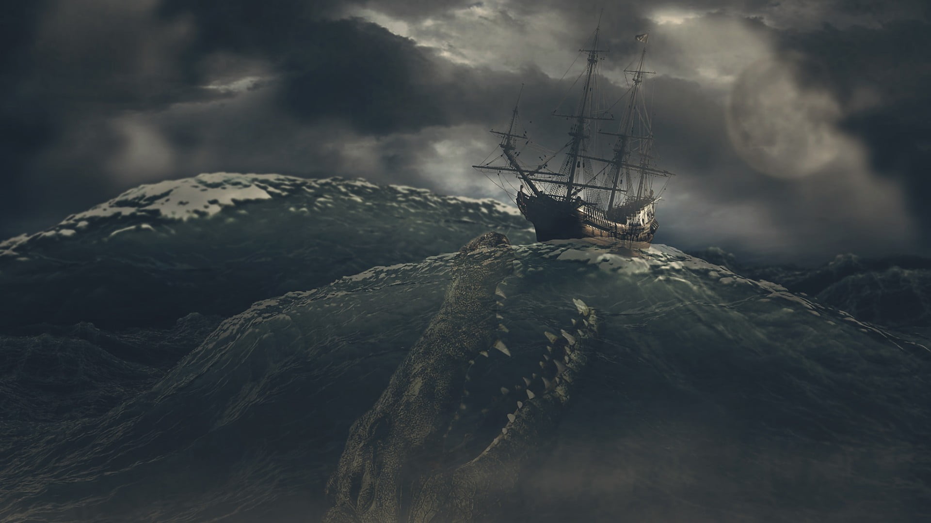 black sailing ship wallpaper nature sea digital art waves 2k