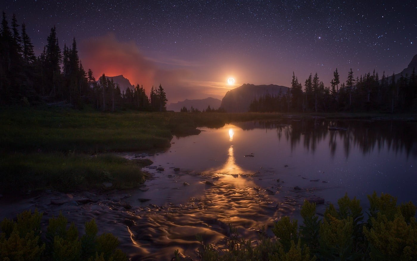 calm body of water landscape nature starry night Moon lake