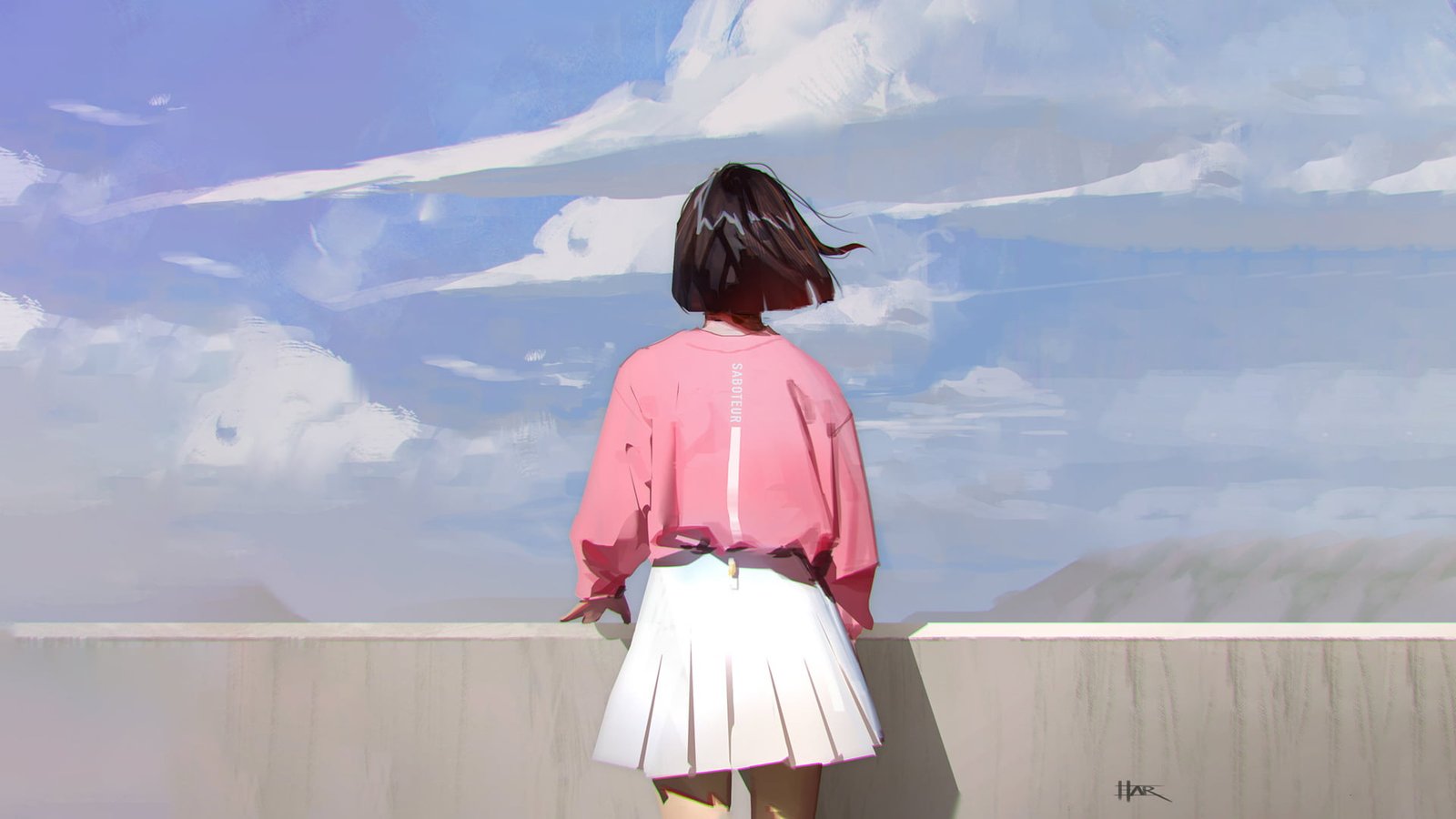 digital artwork anime girls dark hair clouds original characters 2k