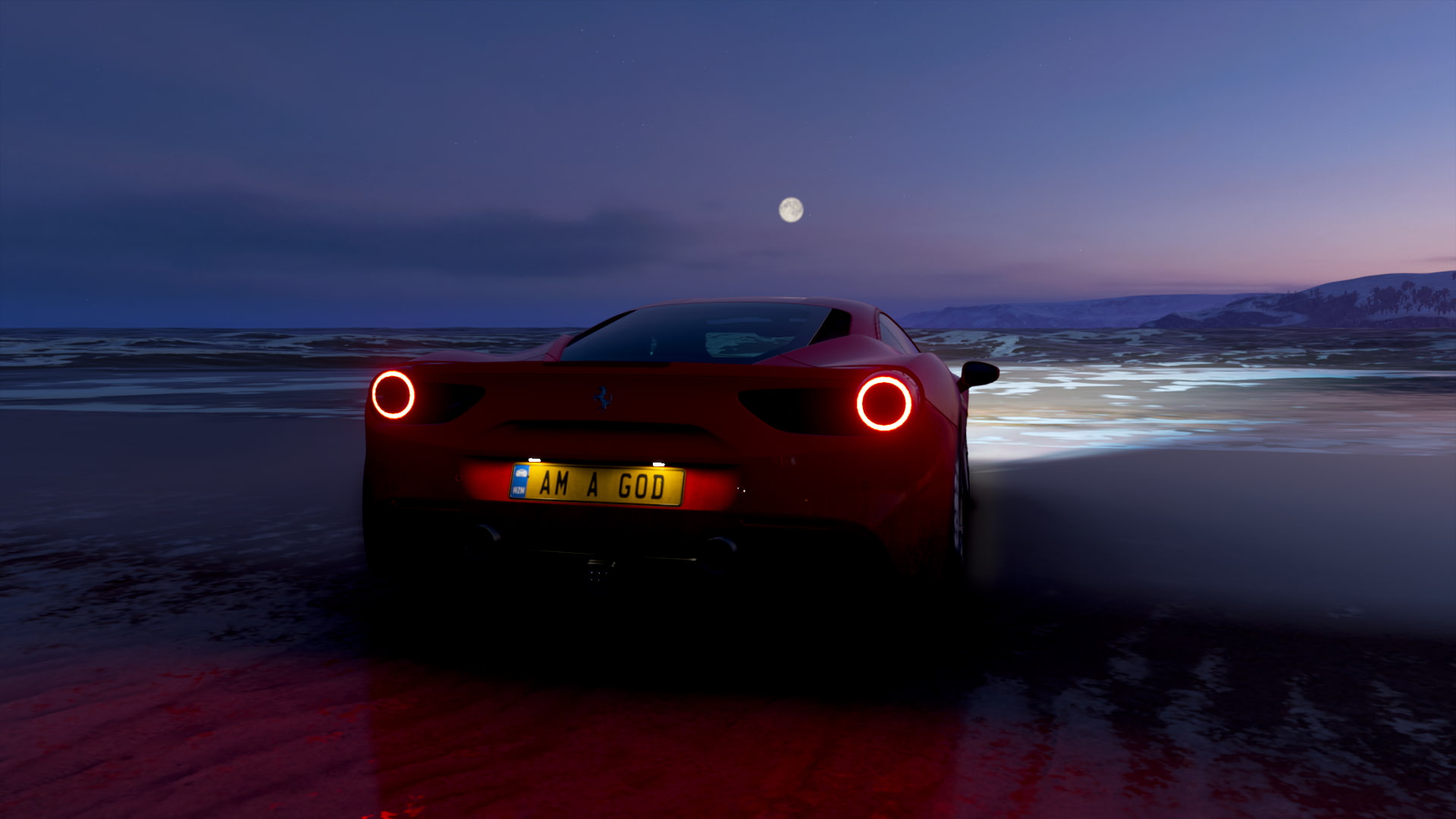 Ferrari car beach night red supercars sky mode of transportation 2k