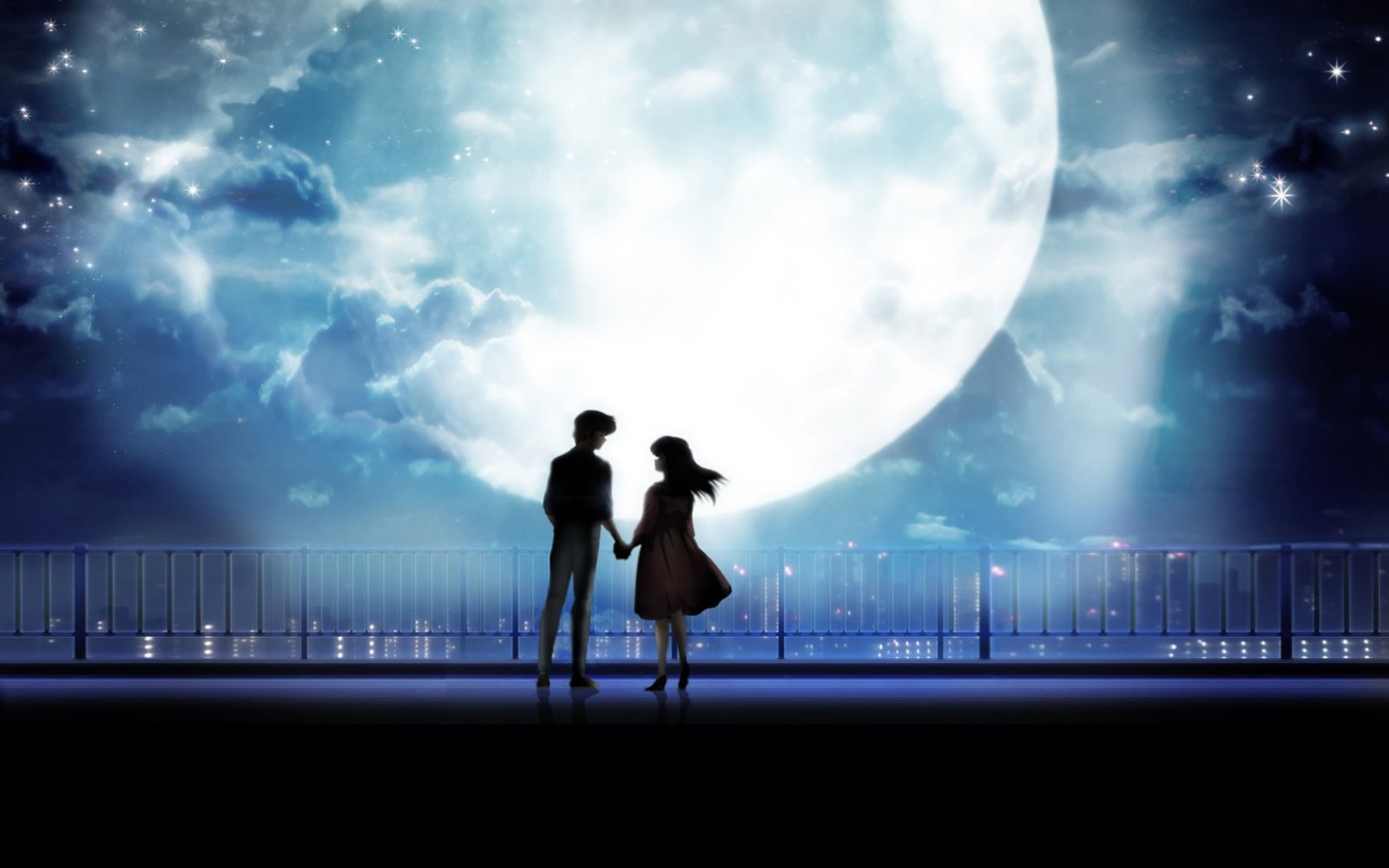 Anime Art Couple Holding Hands Moonlight Desktop 2k