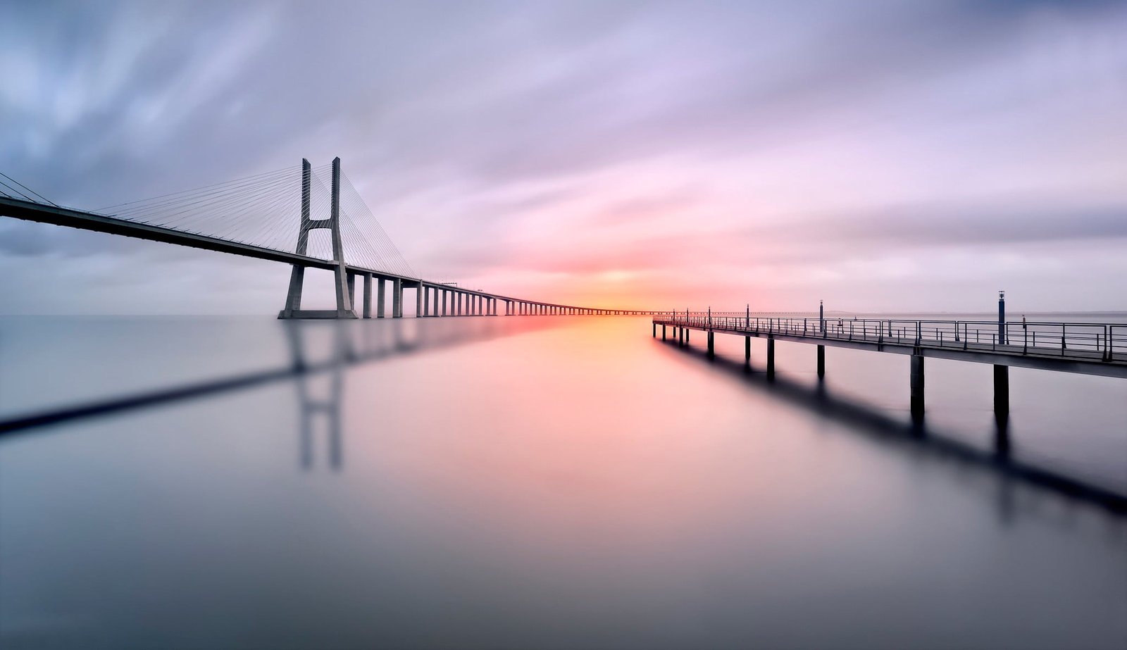 gray bridge silhouette of over calm body water landscape 2k
