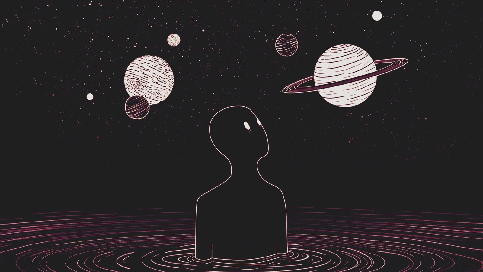man staring planets illustration space simple motion indoors 2k