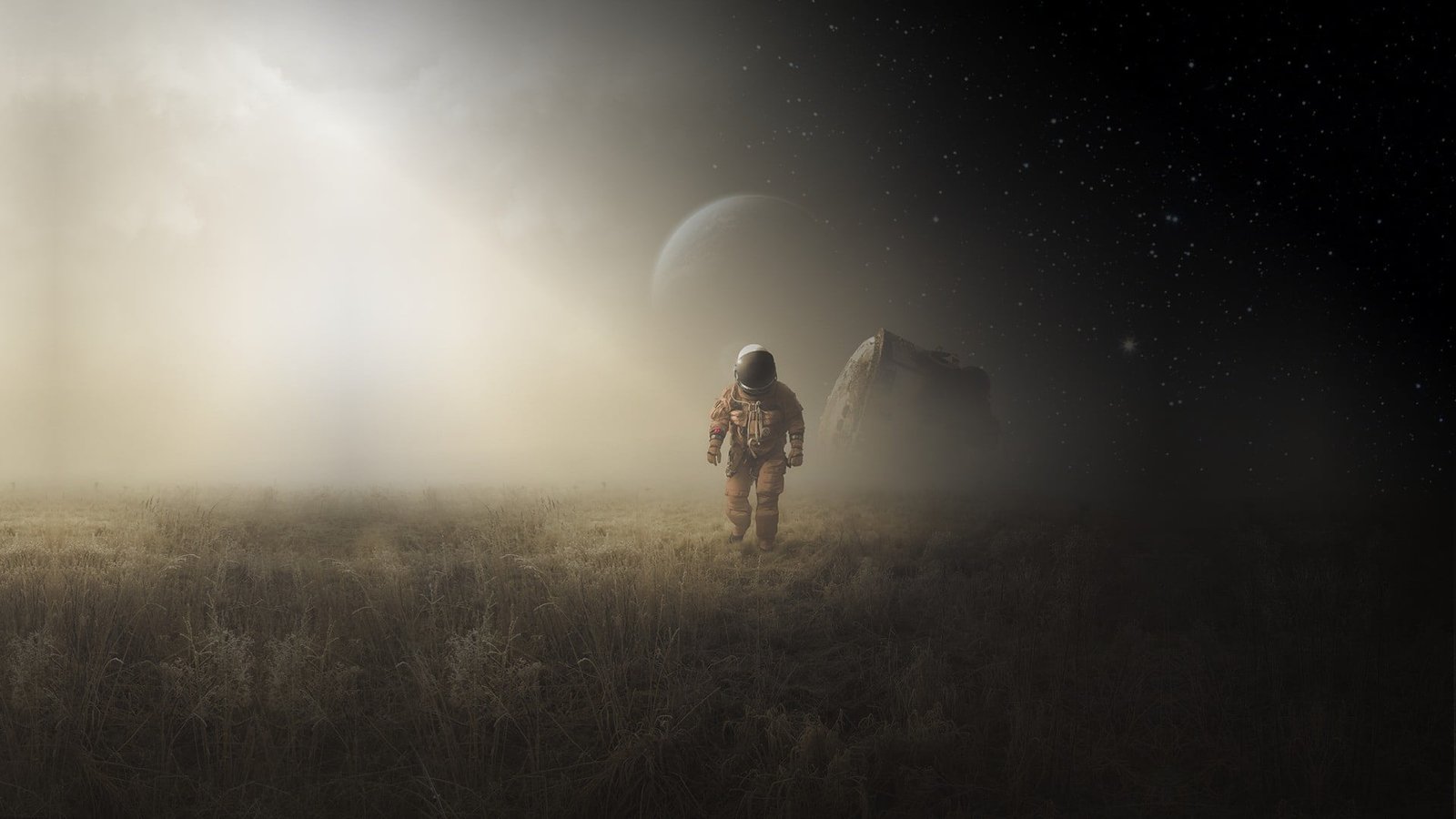 man wearing brown suit digital wallpaper science fiction astronaut 2k