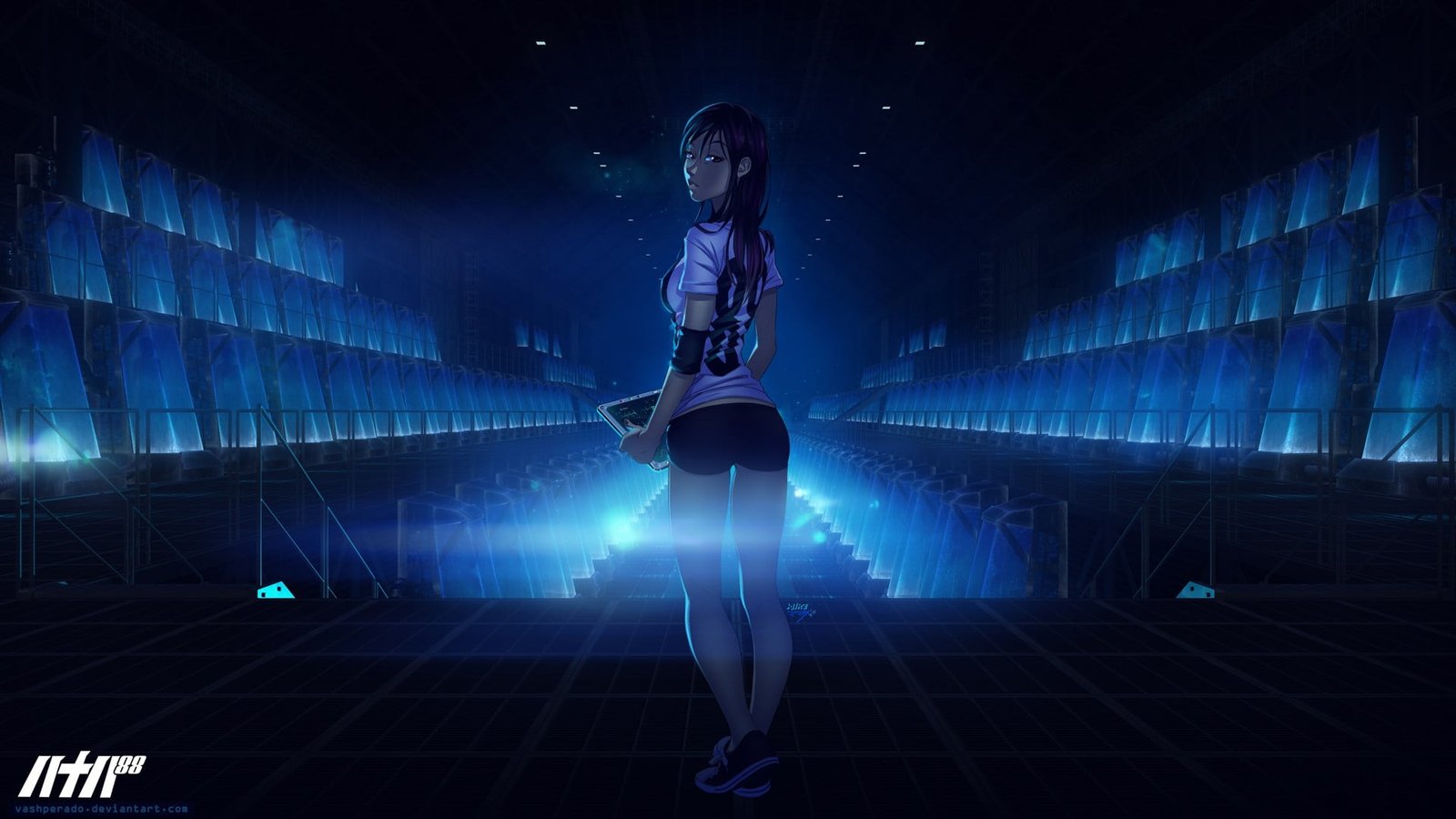 woman in white shirt and black shorts wallpaper female anime character holding tray graphic art 2k
