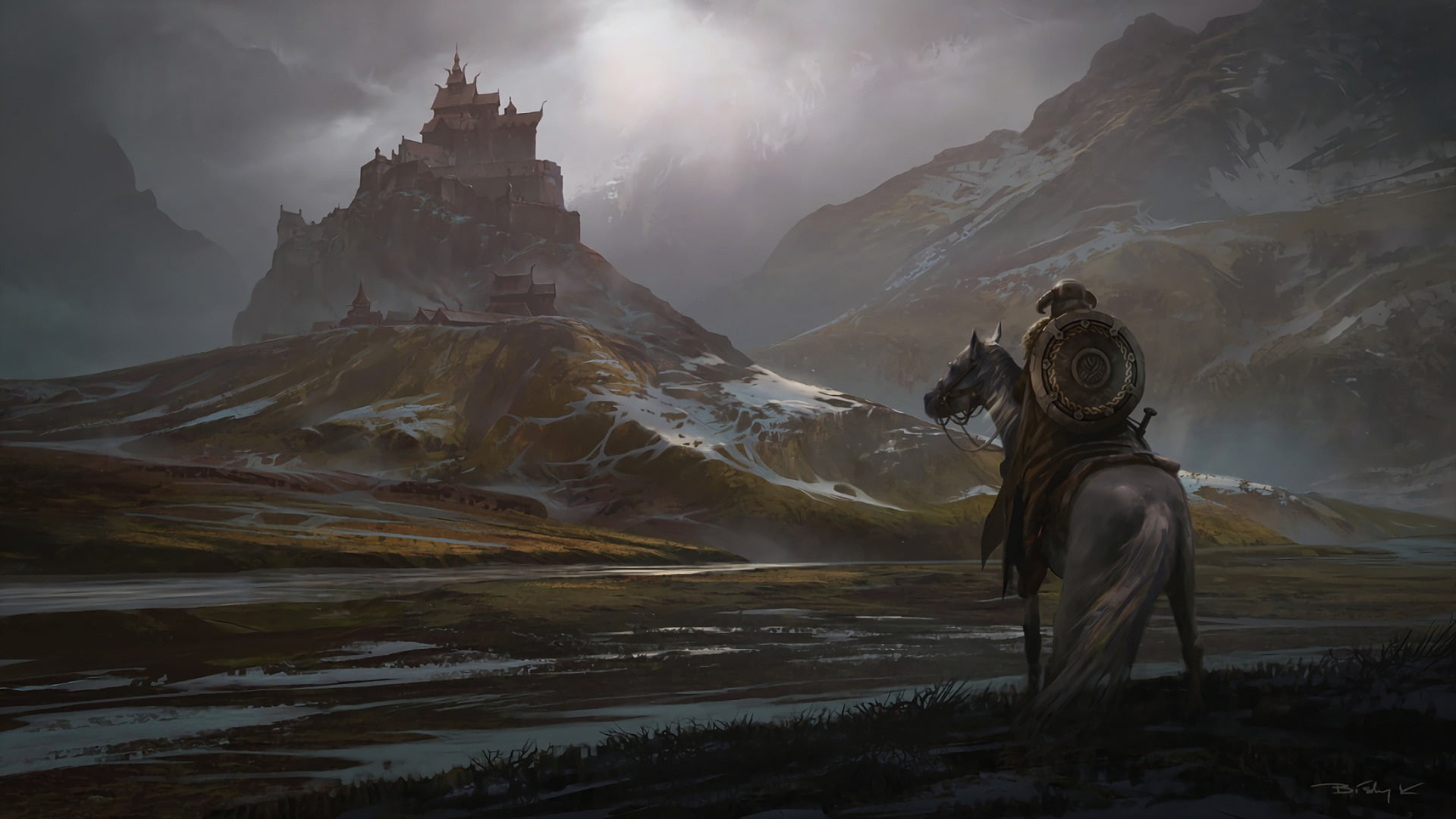 person riding horse near mountain castle digital wallpaper The Elder Scrolls V Skyrim 2k
