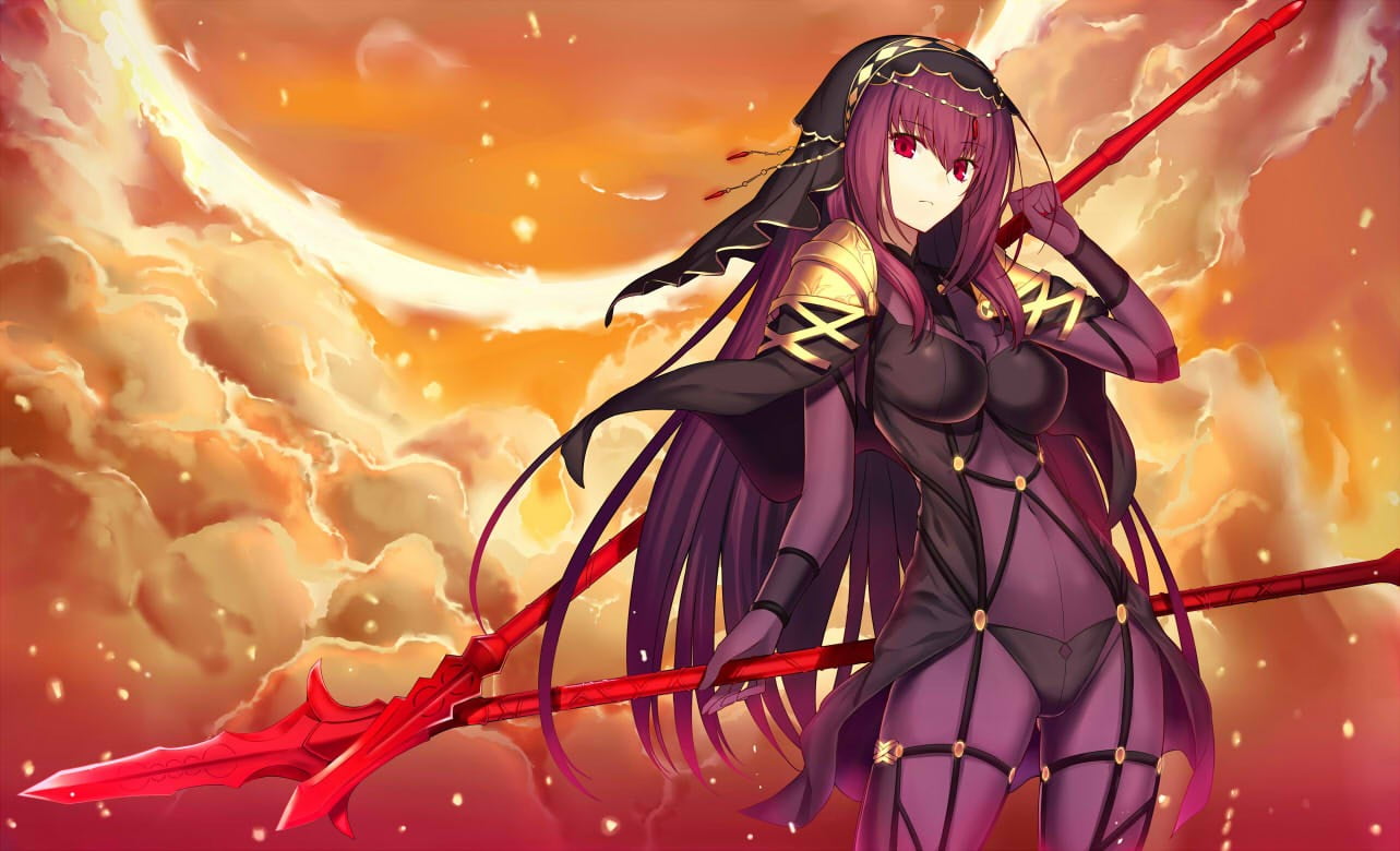purple haired female anime character holding two spears Fate Grand Order