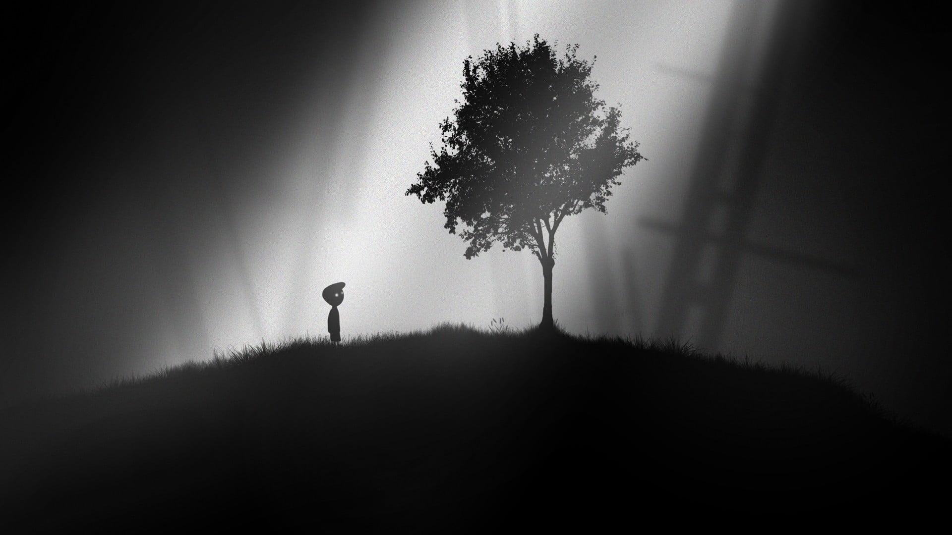 silhouette digital art of person standing near tree trees monochrome 2k