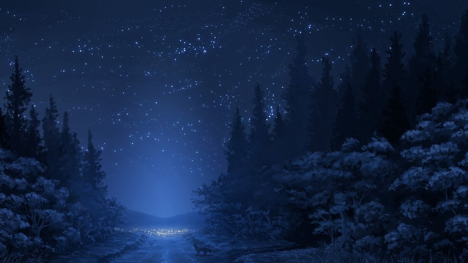 trees illustration road stars night fox forest anime artwork 2k
