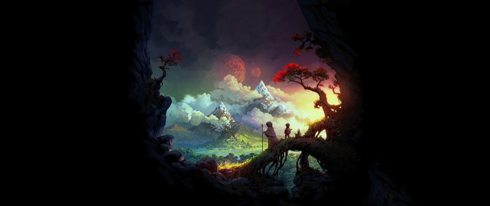 two person on tree branch wallpaper ultra wide painting fantasy art 2k