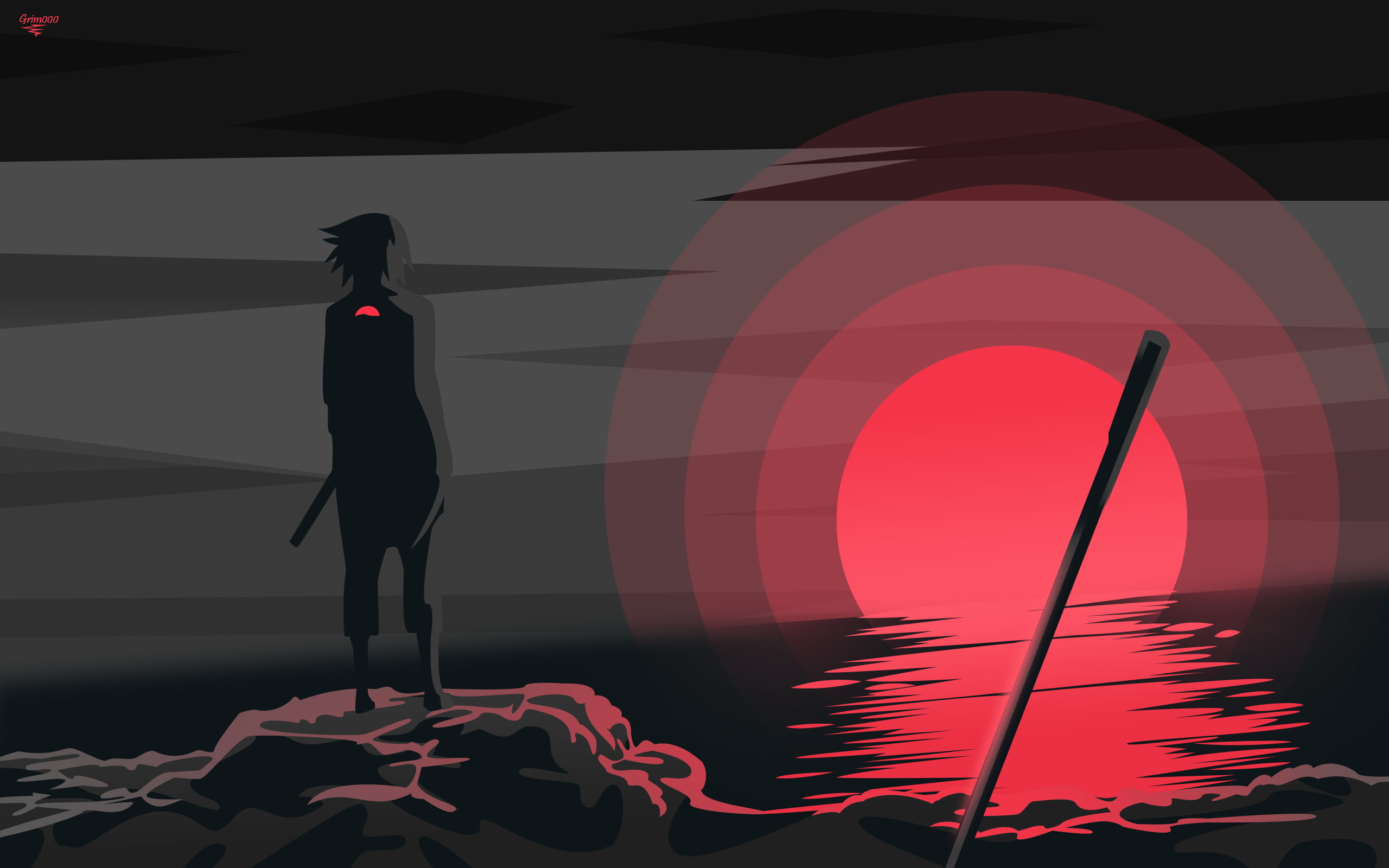 Uchiha Sasuke Naruto anime sunset sword minimalism monochrome 2k