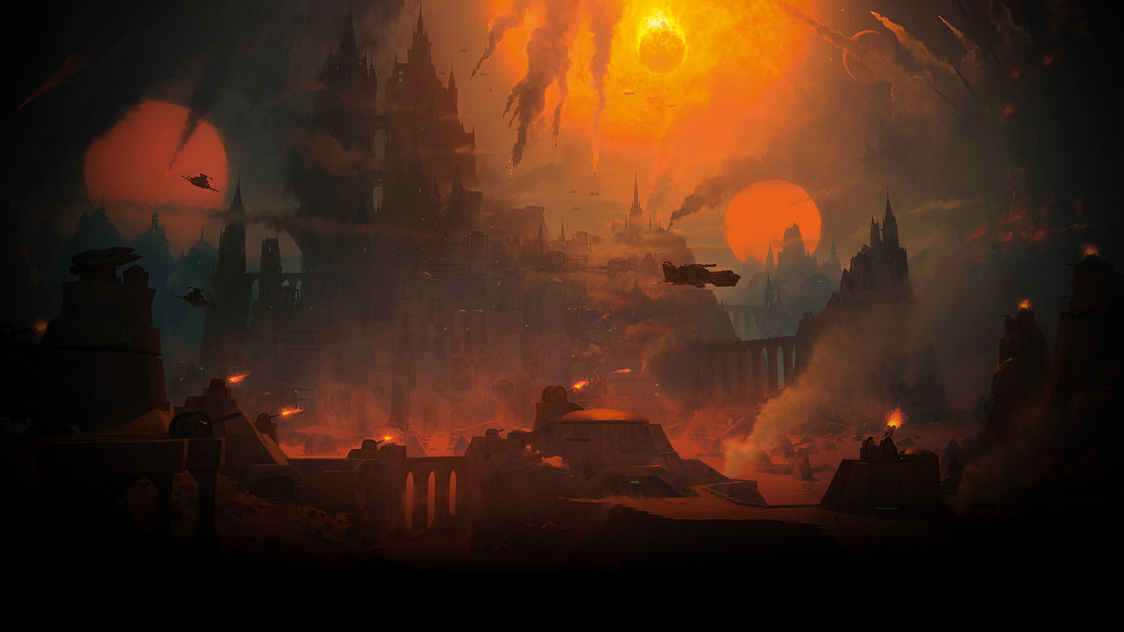 Warhammer Space Marines Spaceships HD painting of black castle with airships 2k