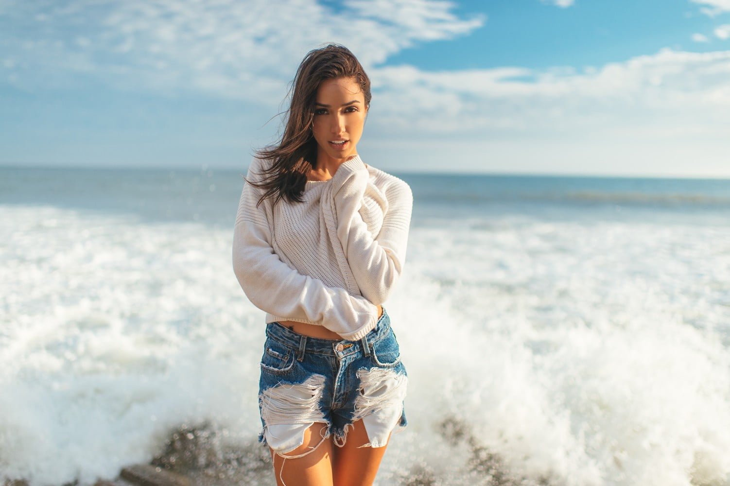 women brunette outdoors beach jean shorts Michele Maturo 2k