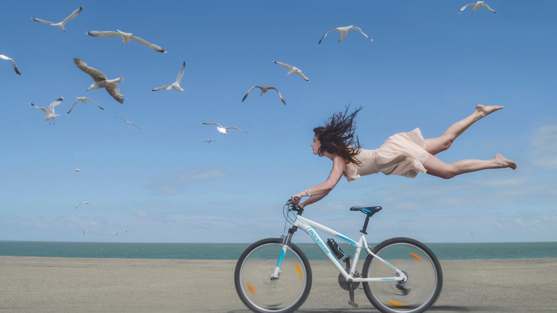 women's white sleeveless dress bicycle beach birds photo manipulation 2k