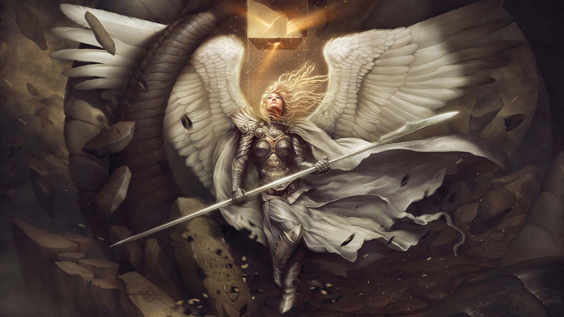 angel holding spear wallpaper woman wearing gray and white top bottoms with wings fictional character illustration 2k
