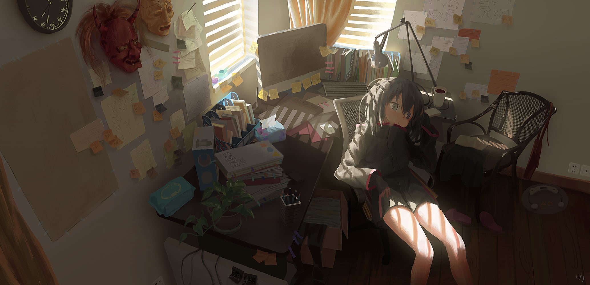 anime girls Anime Gamers room interior sitting desk 2k