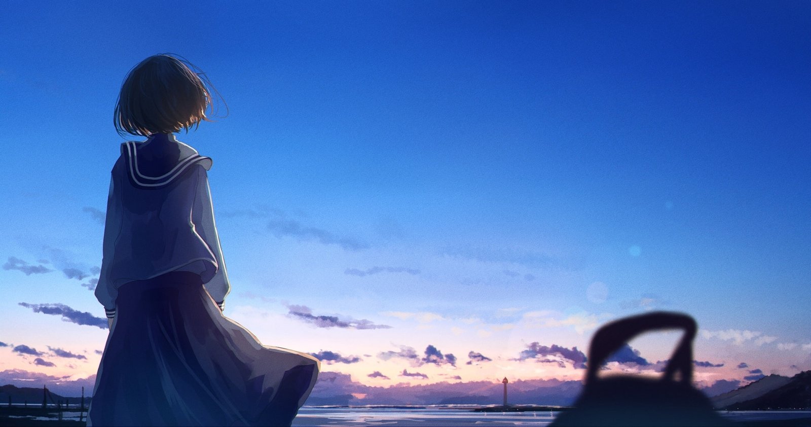anime school girl back view sky water women sea blue 2k