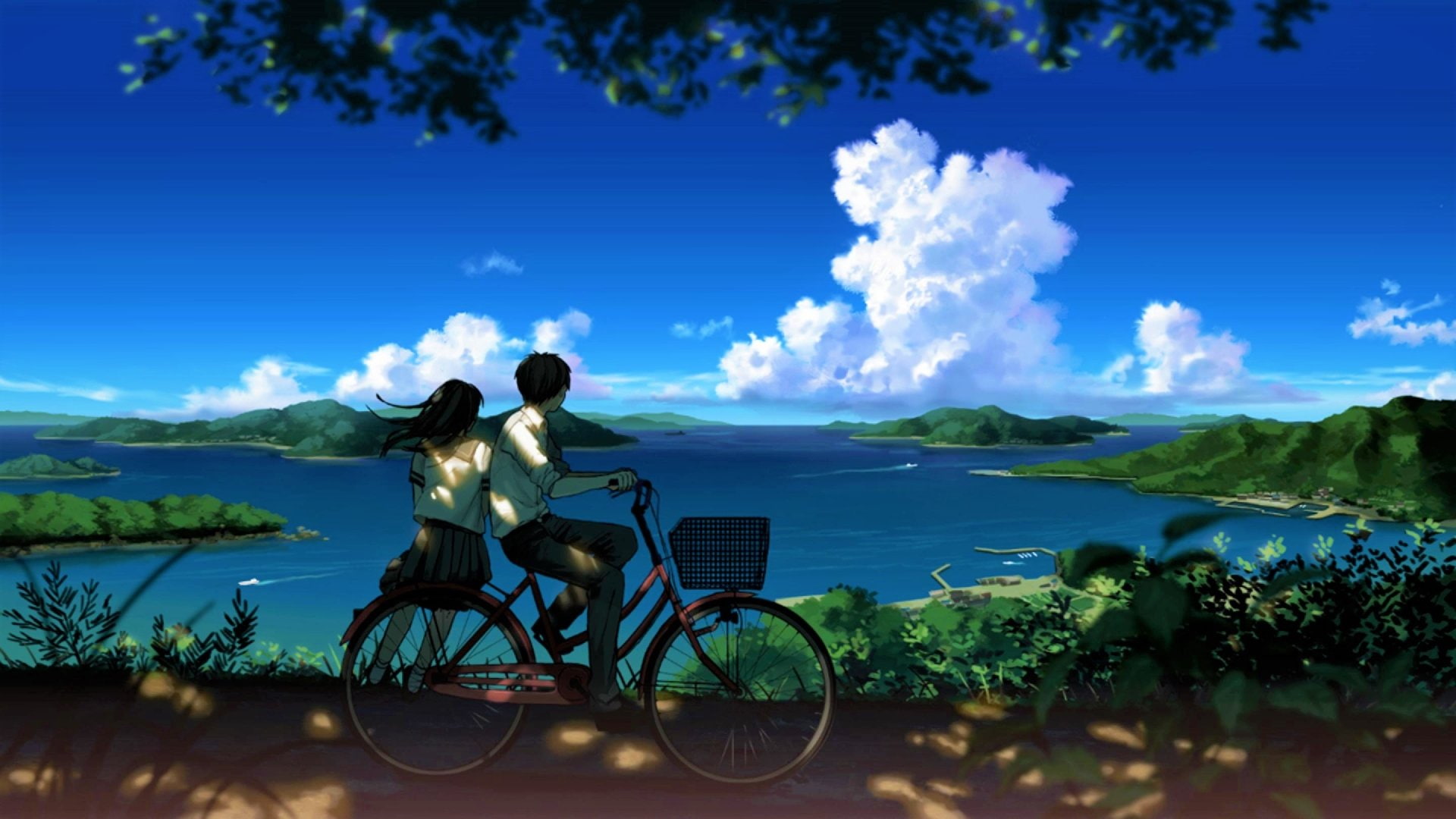 Anime Original Bicycle Bike Boy Cloud Couple Girl Lake 2k