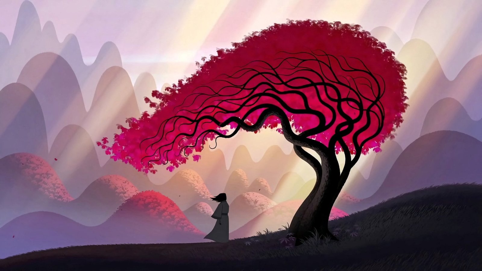 black and red tree illustration digital art fall nature mountain chain 2k
