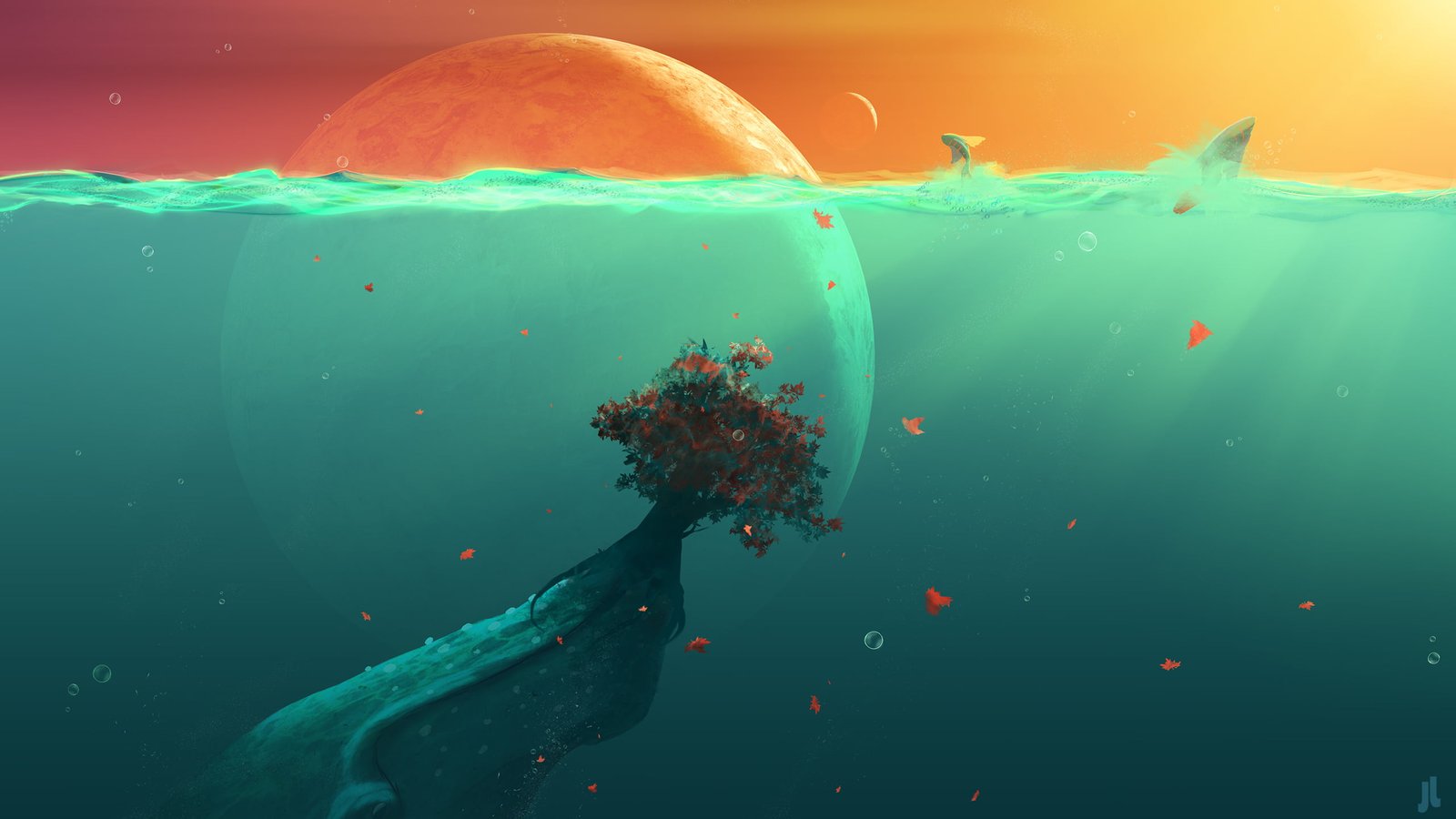 bleu body of water illustration red tree under 2k