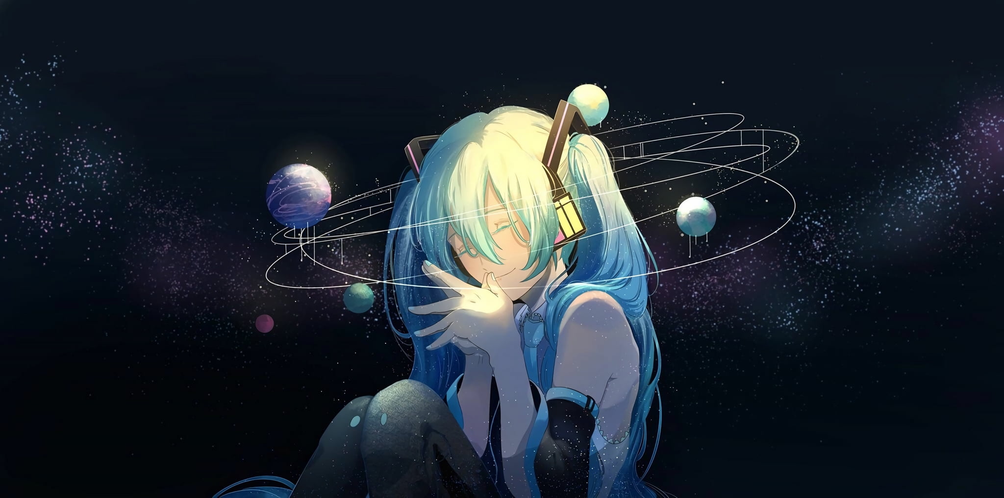 blue haired female anime character digital wallpaper night Hatsune Miku 2k