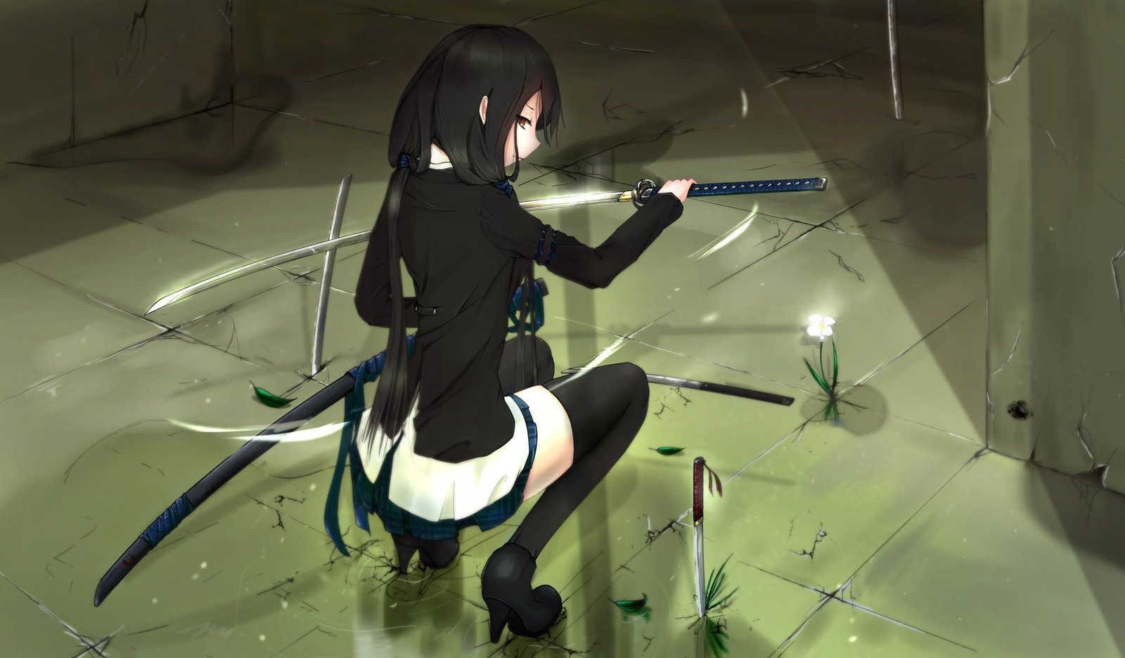 black haired female anime character holding sword illustration 2k