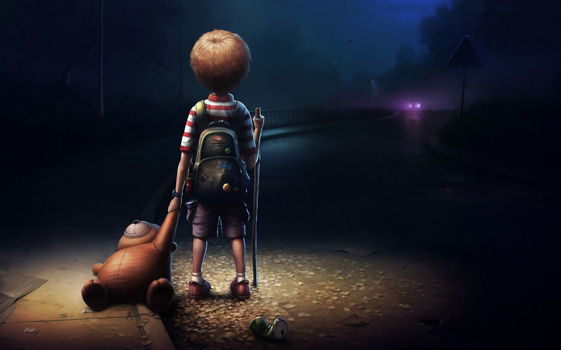 boy wearing backpack holding brown bear plush toy standing on street during night digital wallpaper 2k