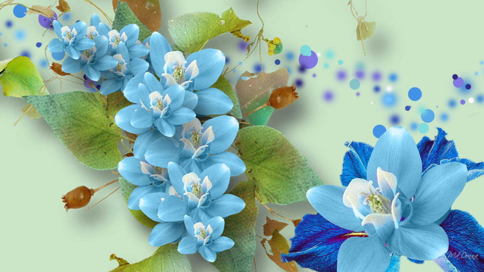 Blue Floral On Green cyan flowers spring firefox persona vines 2k