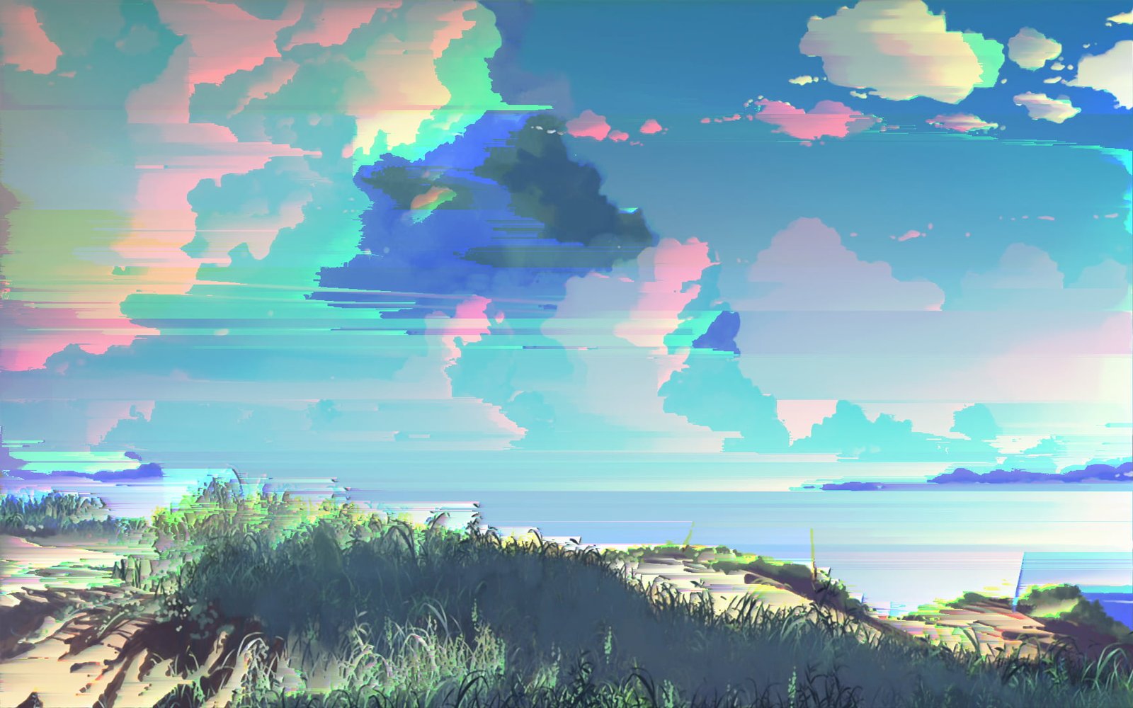 body of water near mountain wallpaper glitch art pixel sorting 2k