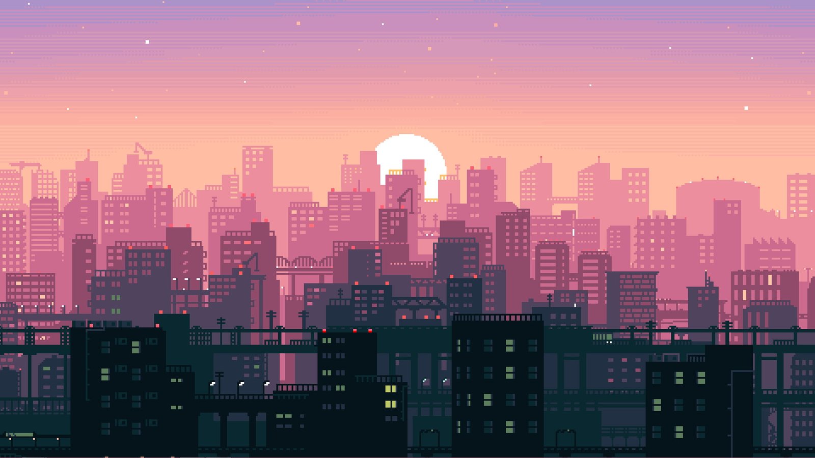 buildings illustration animated pink and black 2k