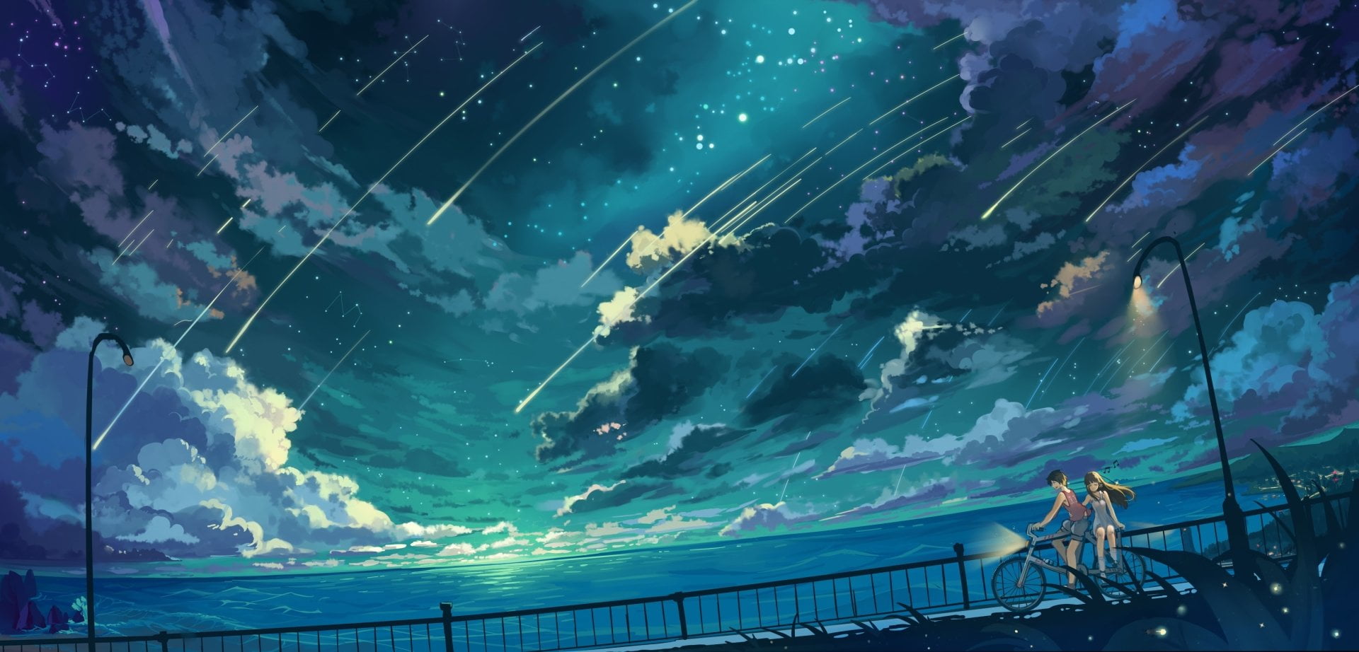 boy and girl riding bicycle under meteor shower anime wallpaper 2k
