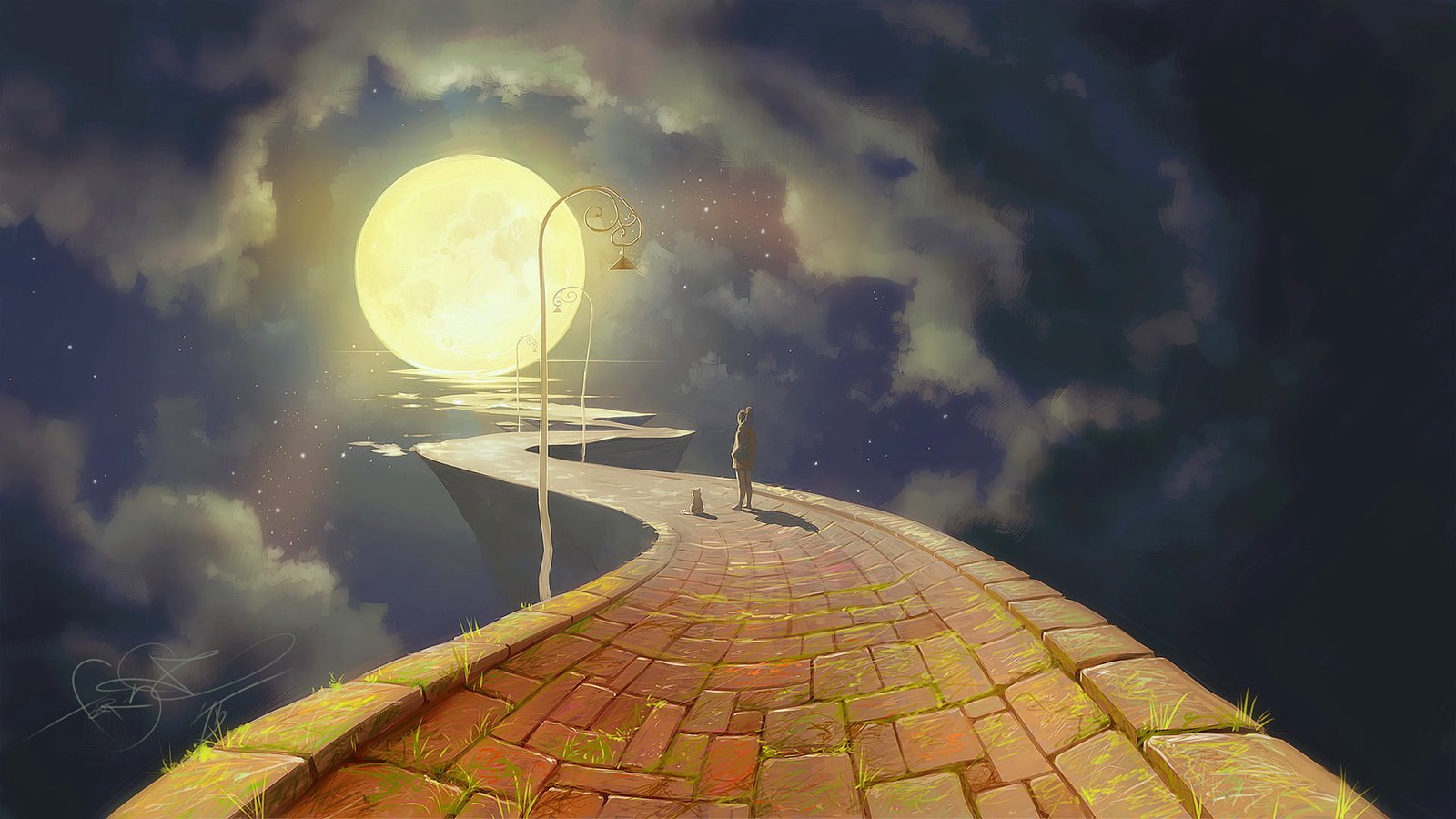 brown concrete pathway and moon digital wallpaper person walking on red across 2k