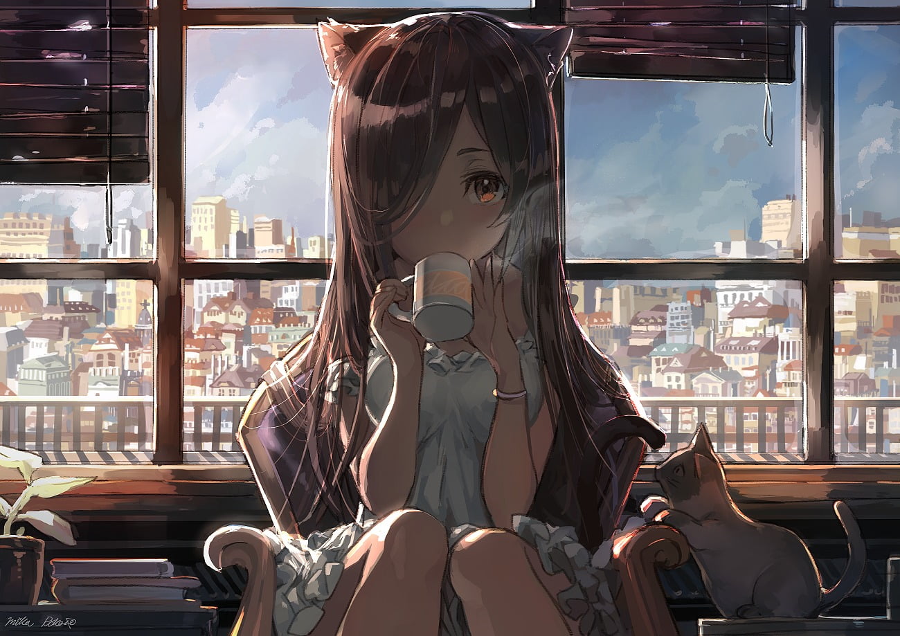 brown haired girl drinking coffee animated character wallpaper