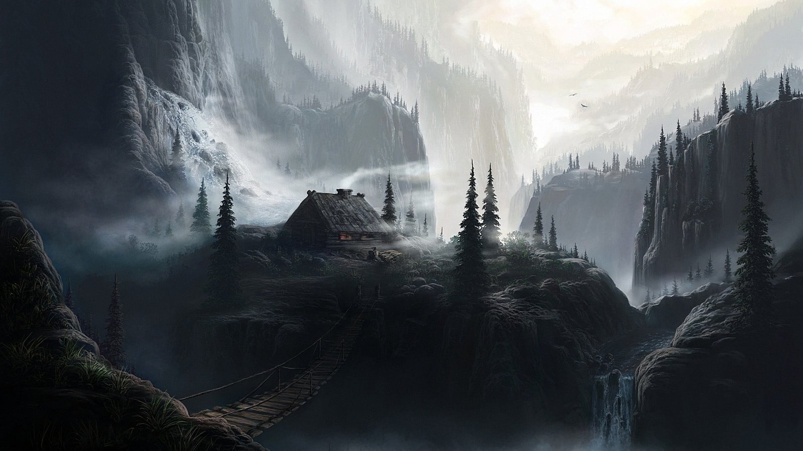 brown house and green trees graphic black gray mountain 7 2k