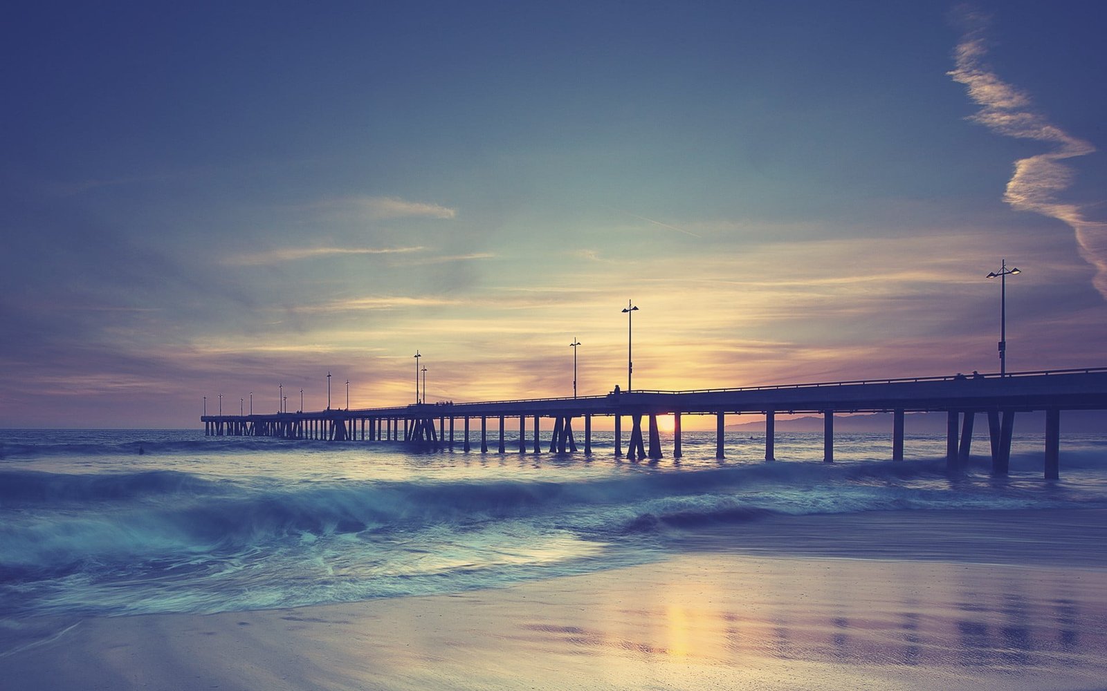 brown wooden dock sea sunset beach sky pier water cloud 2k
