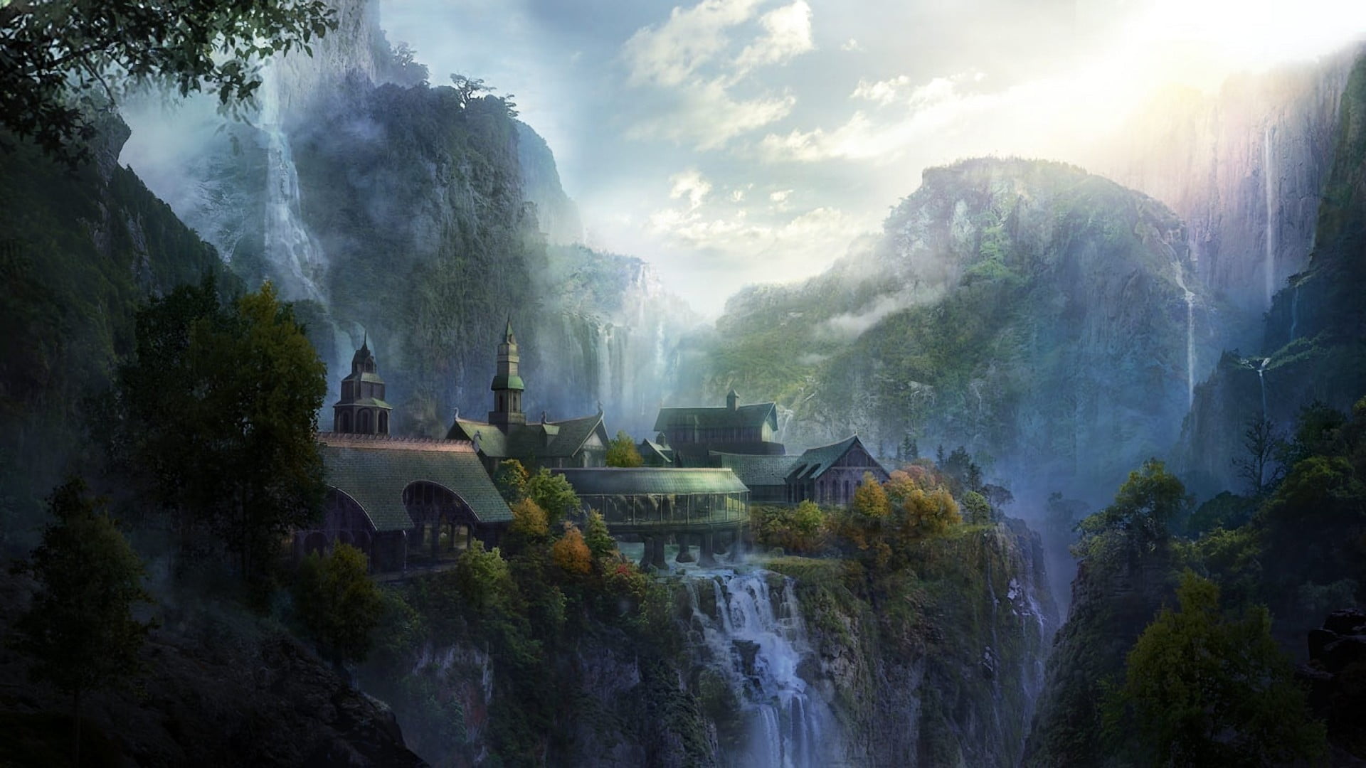 buildings near waterfall digital wallpaper fantasy art Rivendell 2k