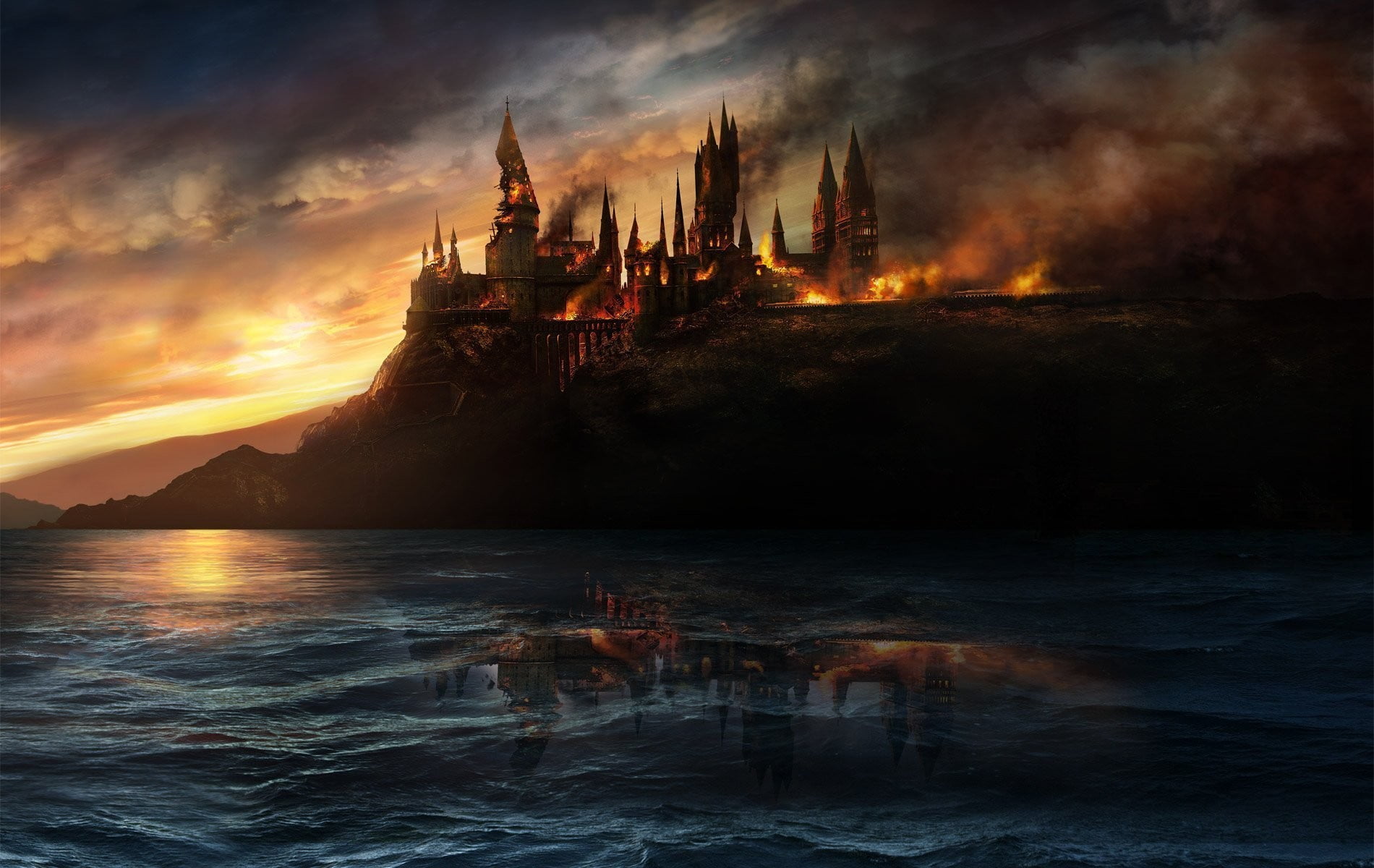 burning castle Hogwarts destruction fire fantasy art sea 2k