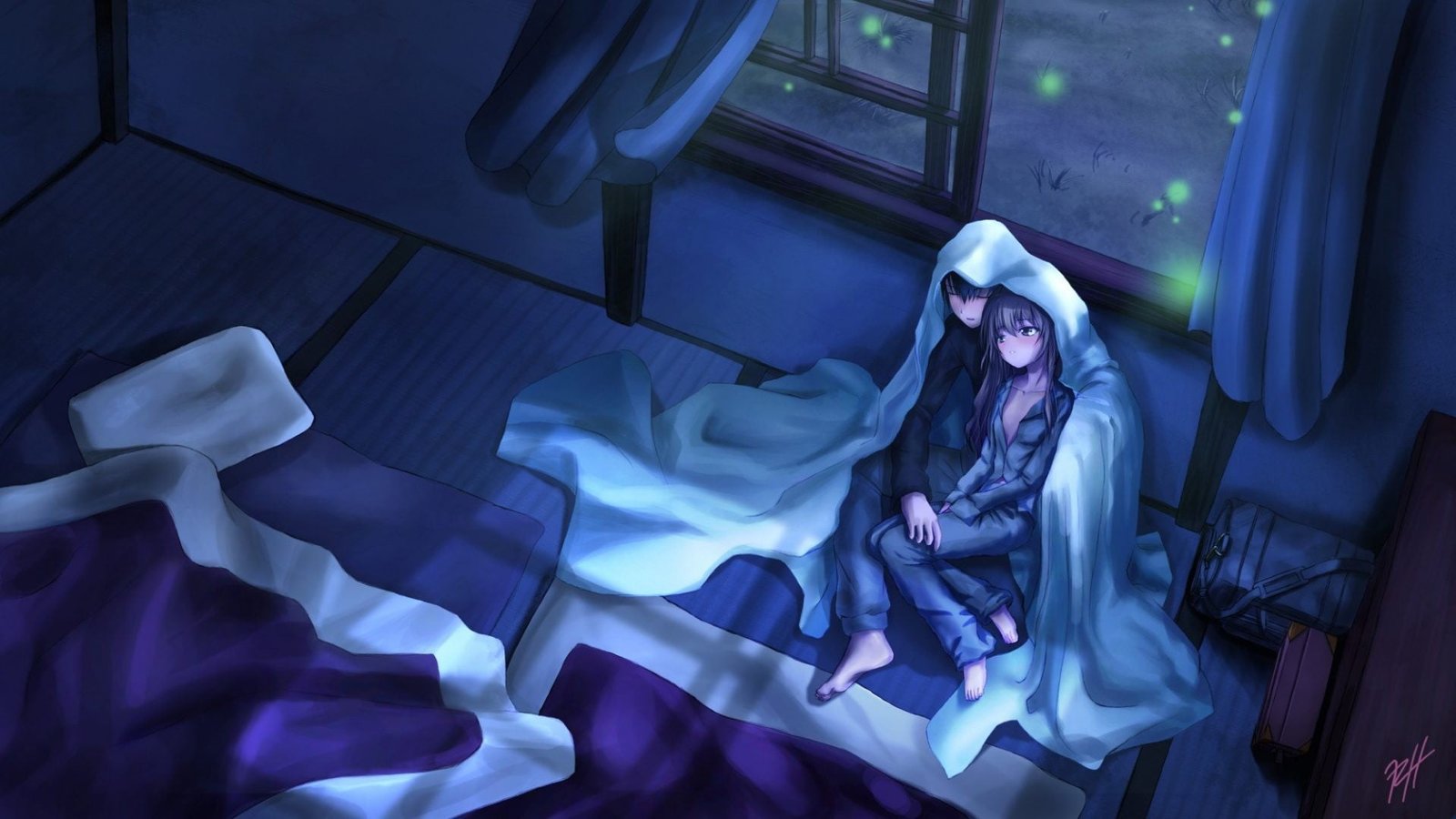 couple night anime boys girls winter stars snow 2k