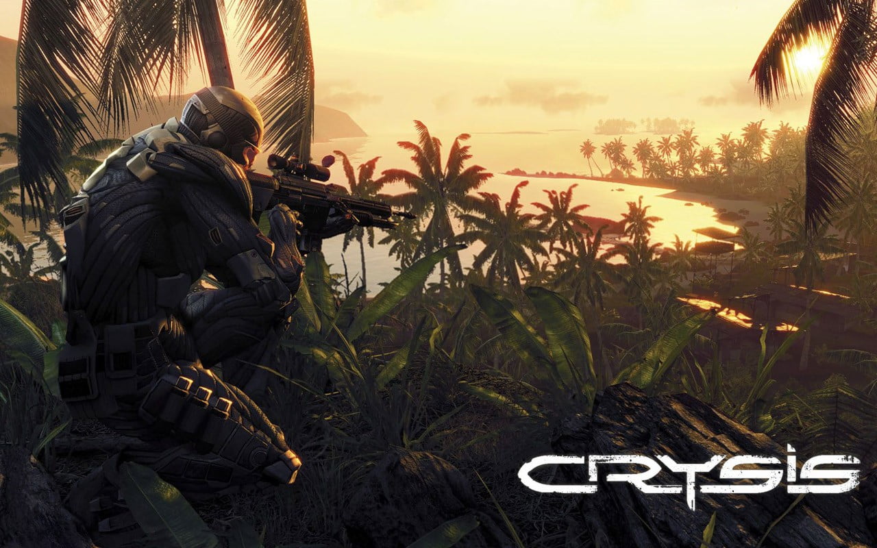 Crysis promotional artwork armor weapon sniper rifle jungle