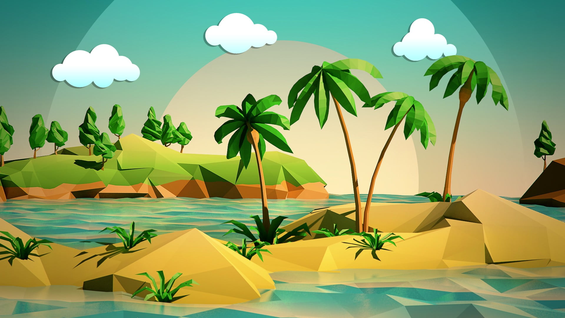 coconut trees and islet digital wallpaper minimalism nature 2k