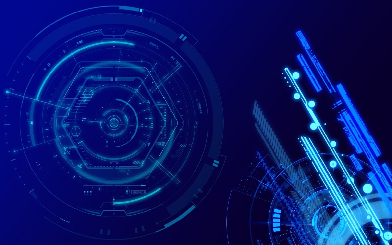digital art abstract lines cgi neon light glowing technology geometry circle hexagon blue background 2k