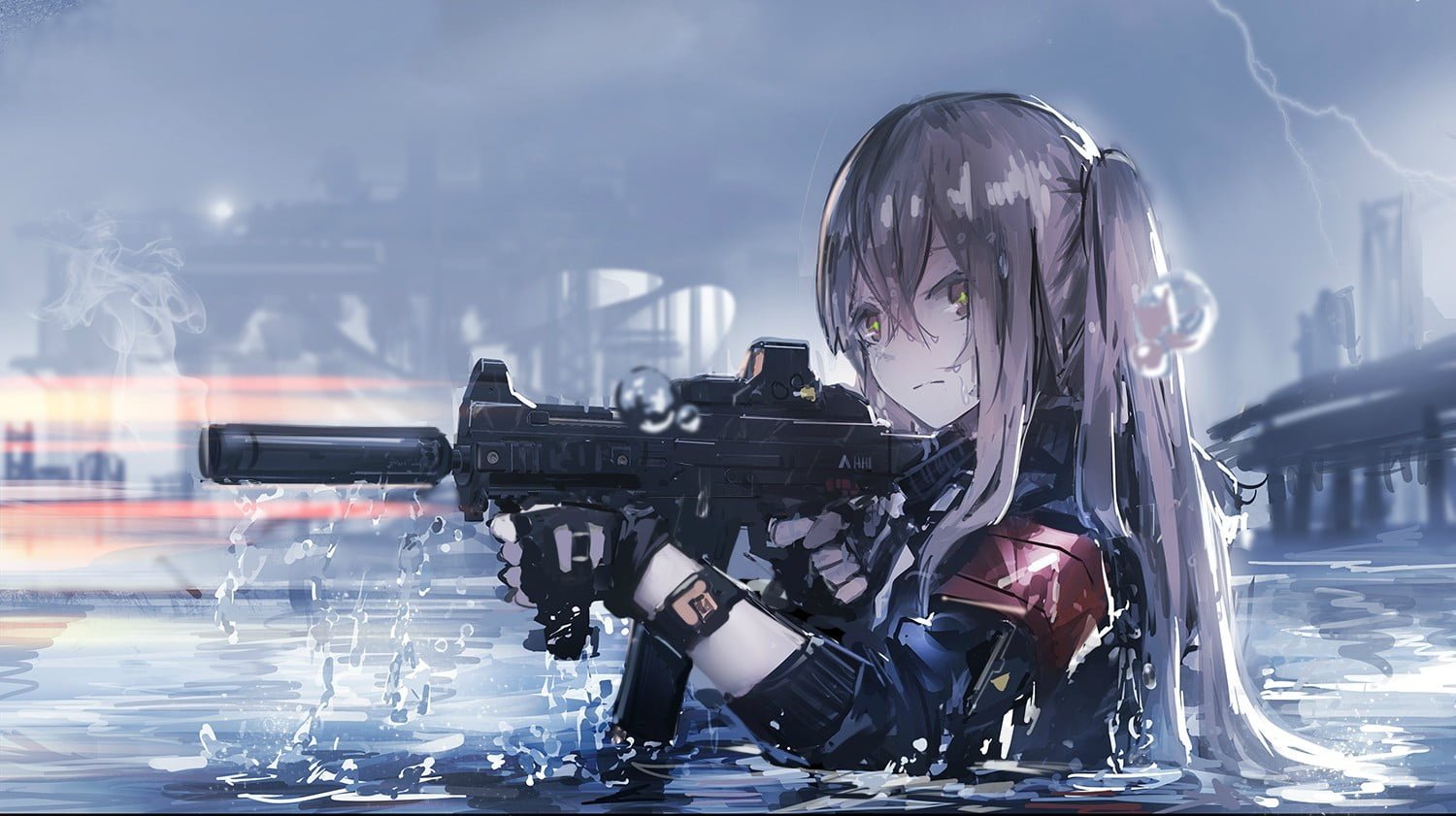 female anime character holding rifle wallpaper girls gloves 2k