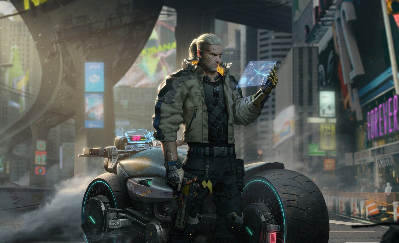 digital art artwork men video games cyberpunk Geralt of Rivia 2k