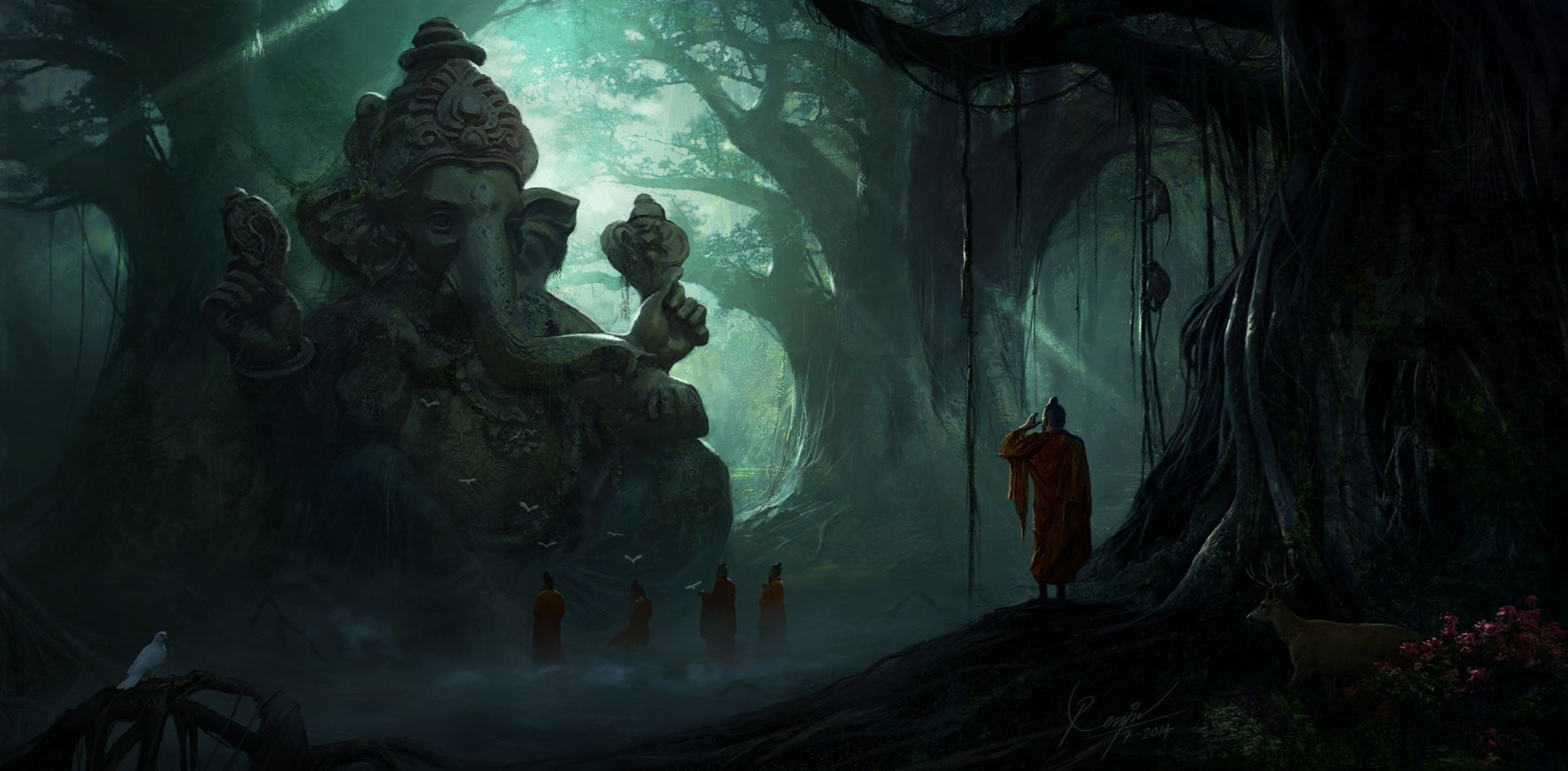 five people standing in front of Ganesha statue forest digital wallpaper 2k